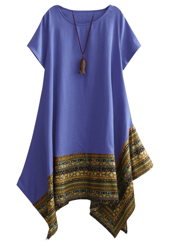 Minibee Women's Ethnic Cotton Linen Short Sleeves Irregular Tunic Dress (2XL, Blue) - Image 1